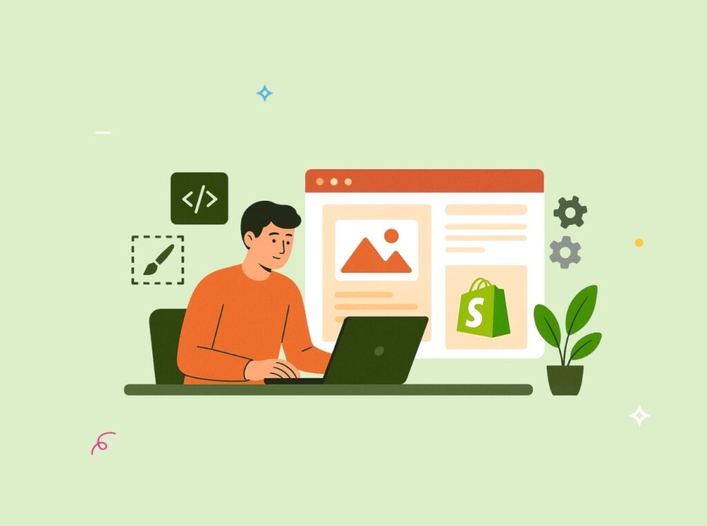 shopify developer working on a laptop with a shopify store window in the background